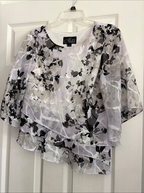 Alex Evenings Black, White & Gray Floral Sheer Layered Blouse